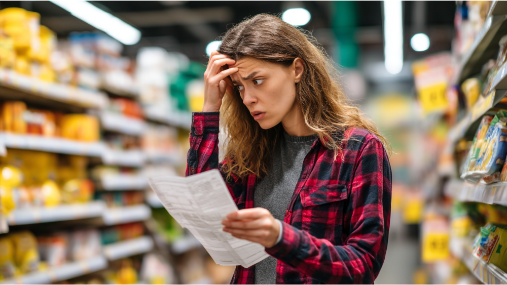 Concerned woman in a grocery store aisle checking a shopping receipt while comparing prices on shelves.