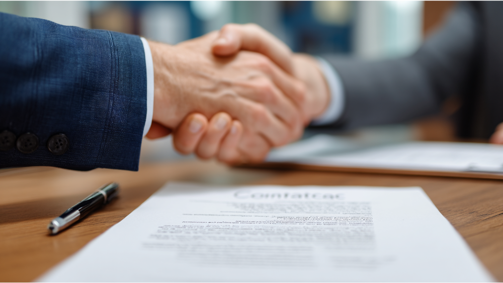 Close-up of a business handshake over a contract document on a wooden table, with a pen resting nearby.