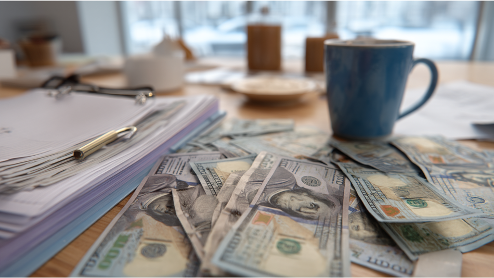 Stacks of U.S. hundred-dollar bills spread across a table next to a clipboard of documents and a coffee mug.