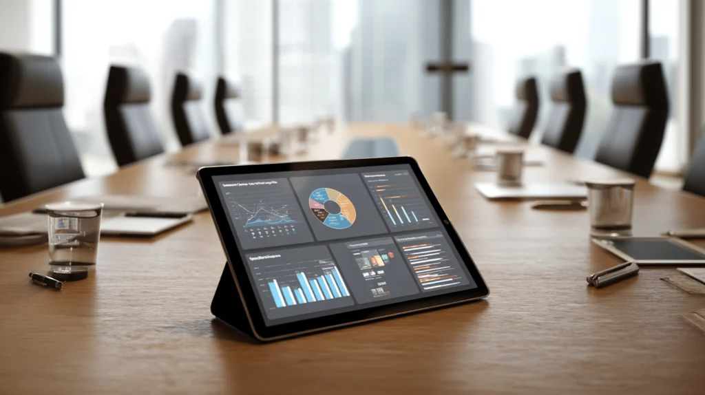 Tablet displaying graphs and charts on a conference table with office chairs in the background.