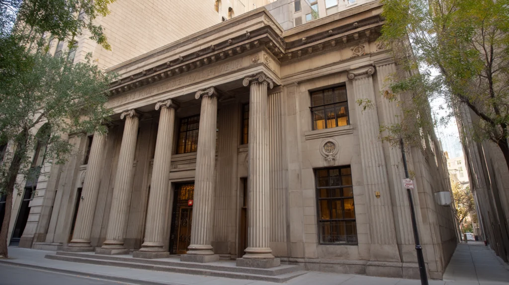 Exterior of a historic bank-style building with tall stone columns and ornate details.