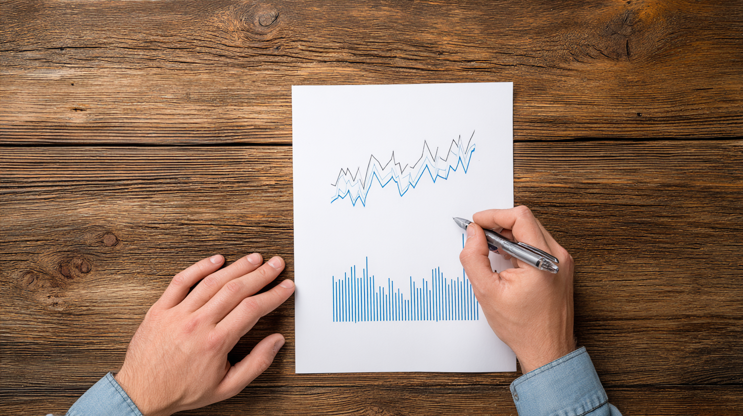Hands holding a pen over a printed chart with line and bar graphs on a wooden desk.