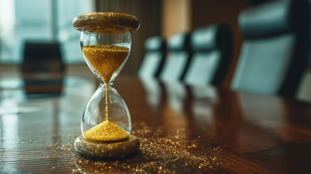 Hourglass filled with golden sand placed on a polished conference table.