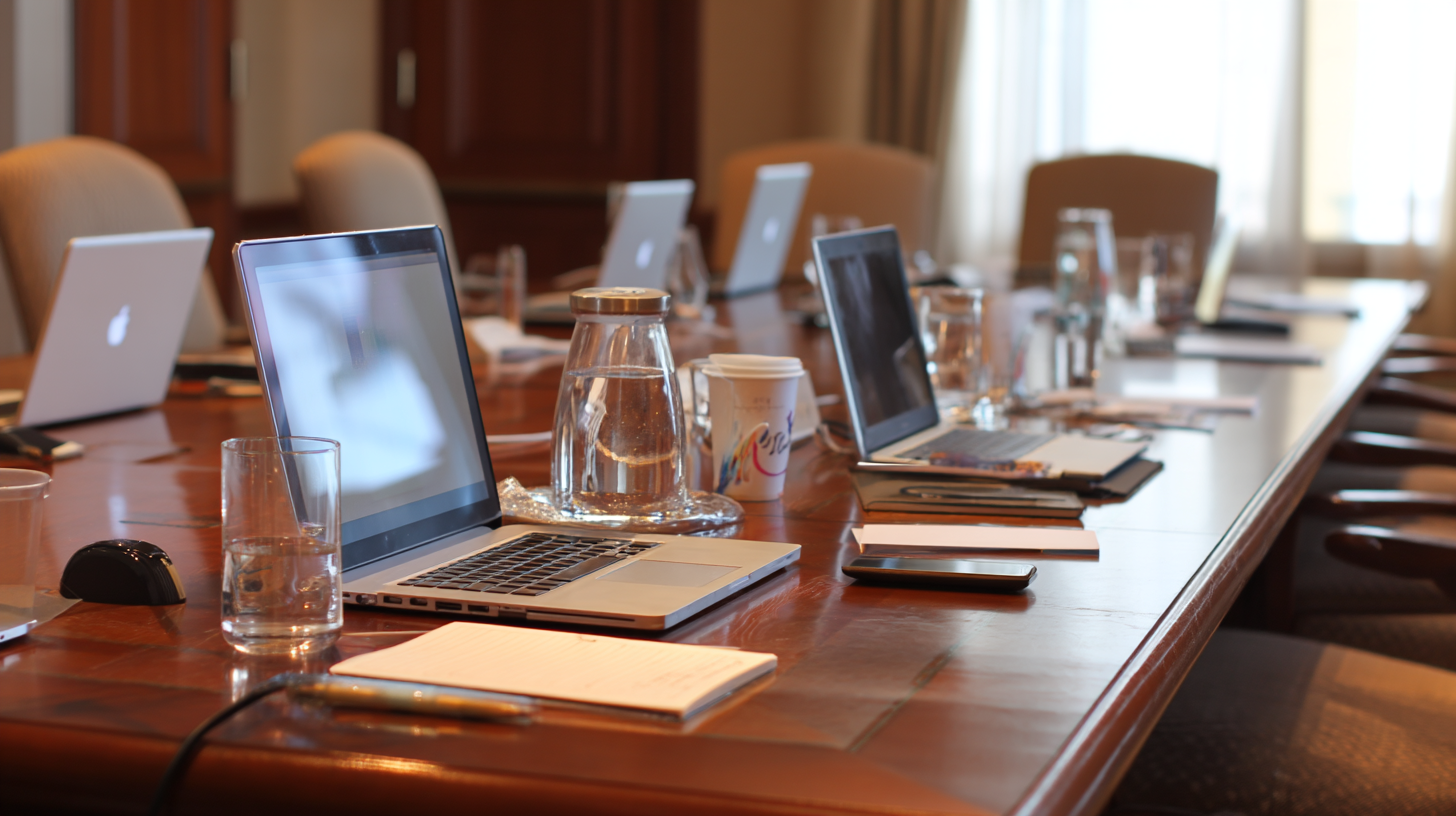 Boardroom table with open laptops, notebooks, water glasses, and coffee cups.
