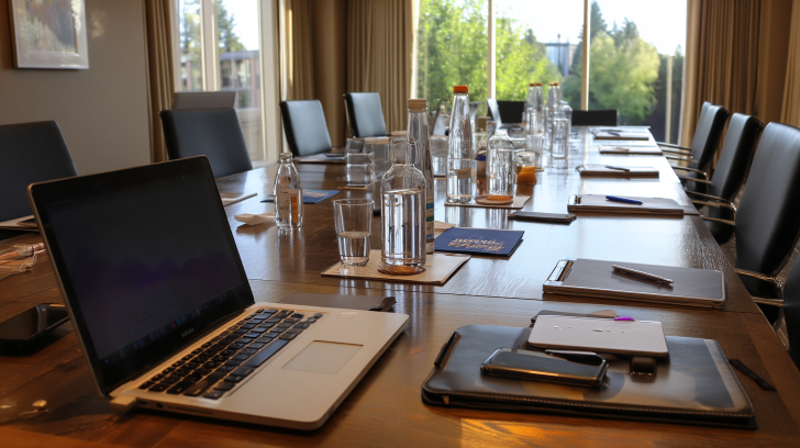 Conference room table with open laptop, notebooks, pens, and water bottles.