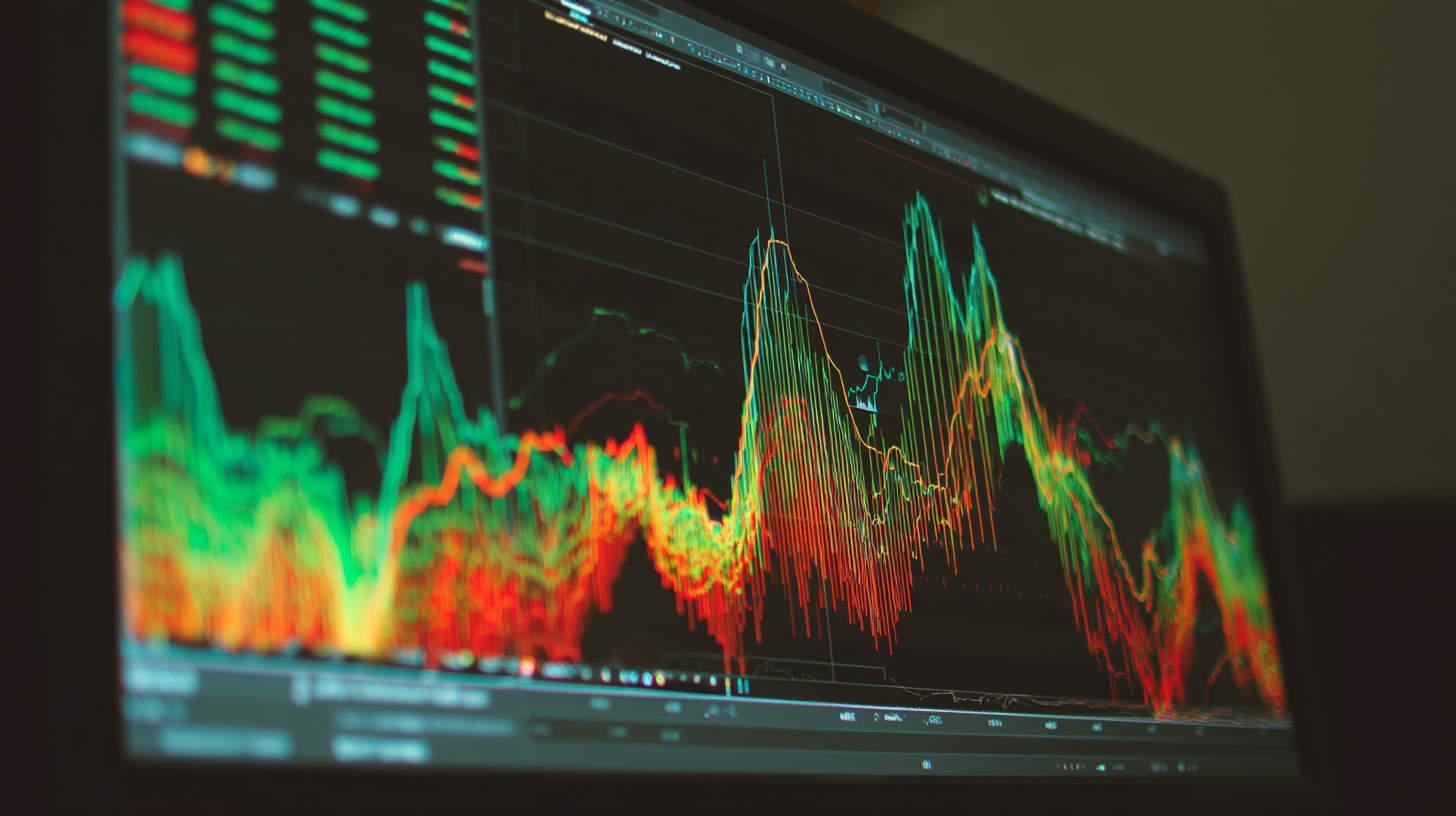 Close-up of a computer screen displaying colorful financial line charts and data analytics.