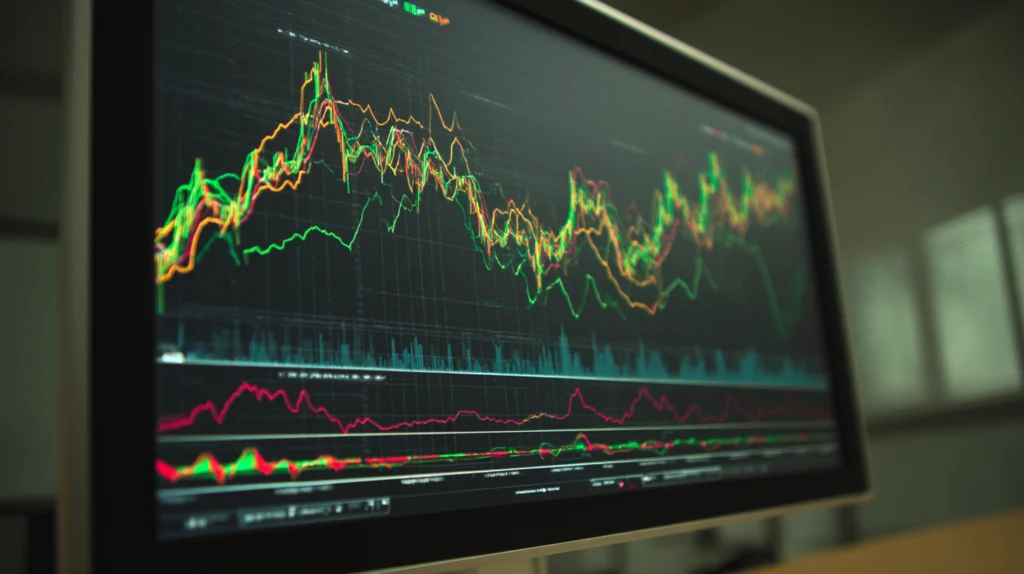 Computer monitor displaying colorful financial line graphs and data charts.