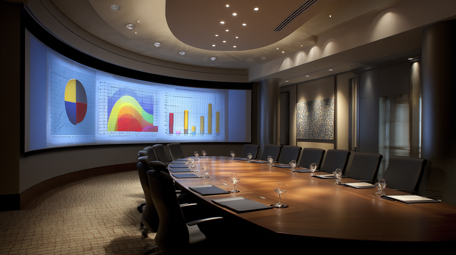Conference room with a large projection screen displaying charts and graphs.