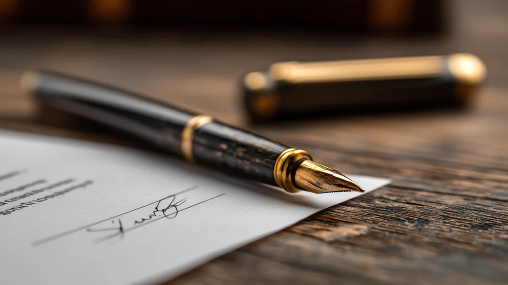 Fountain pen resting on a signed document on a wooden desk.