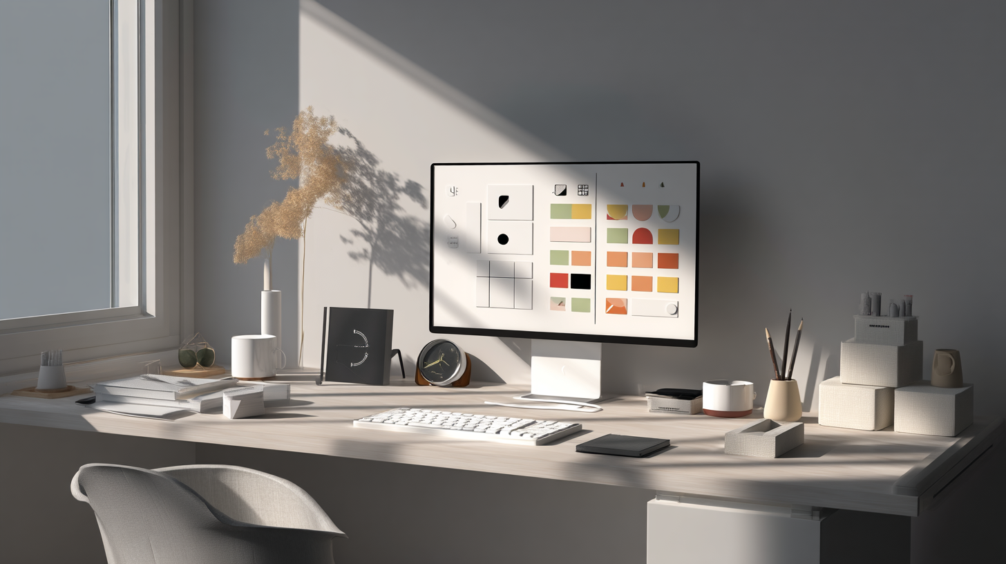 Minimalist desk setup with a computer monitor, books, and decorative items in natural light.