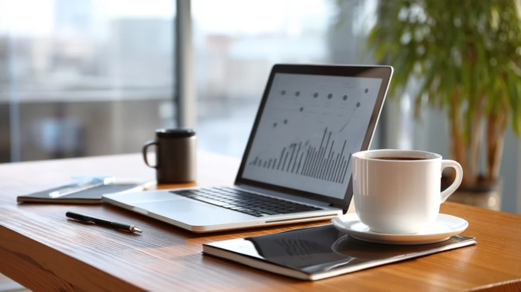 Office desk with an open laptop showing charts, a notebook, and a cup of coffee.