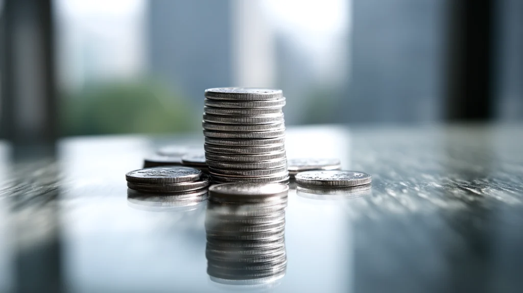 Stack of silver coins arranged neatly on a reflective table surface.