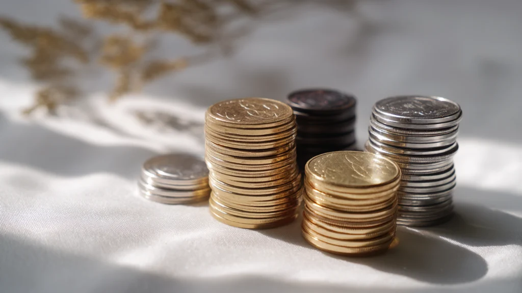 Stacks of gold and silver coins arranged on a table in natural light.