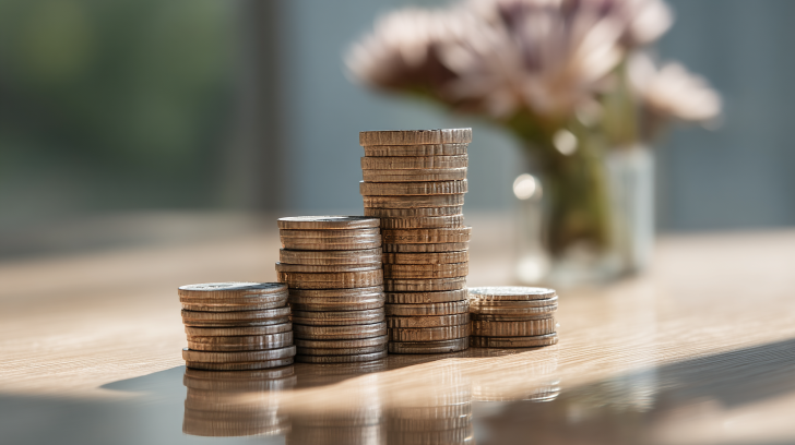 Stacks of coins arranged in ascending height on a reflective table.