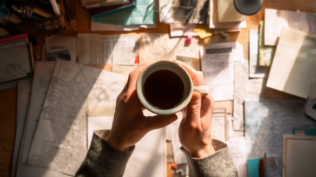 Person holding a cup of coffee above a cluttered desk with papers and documents.