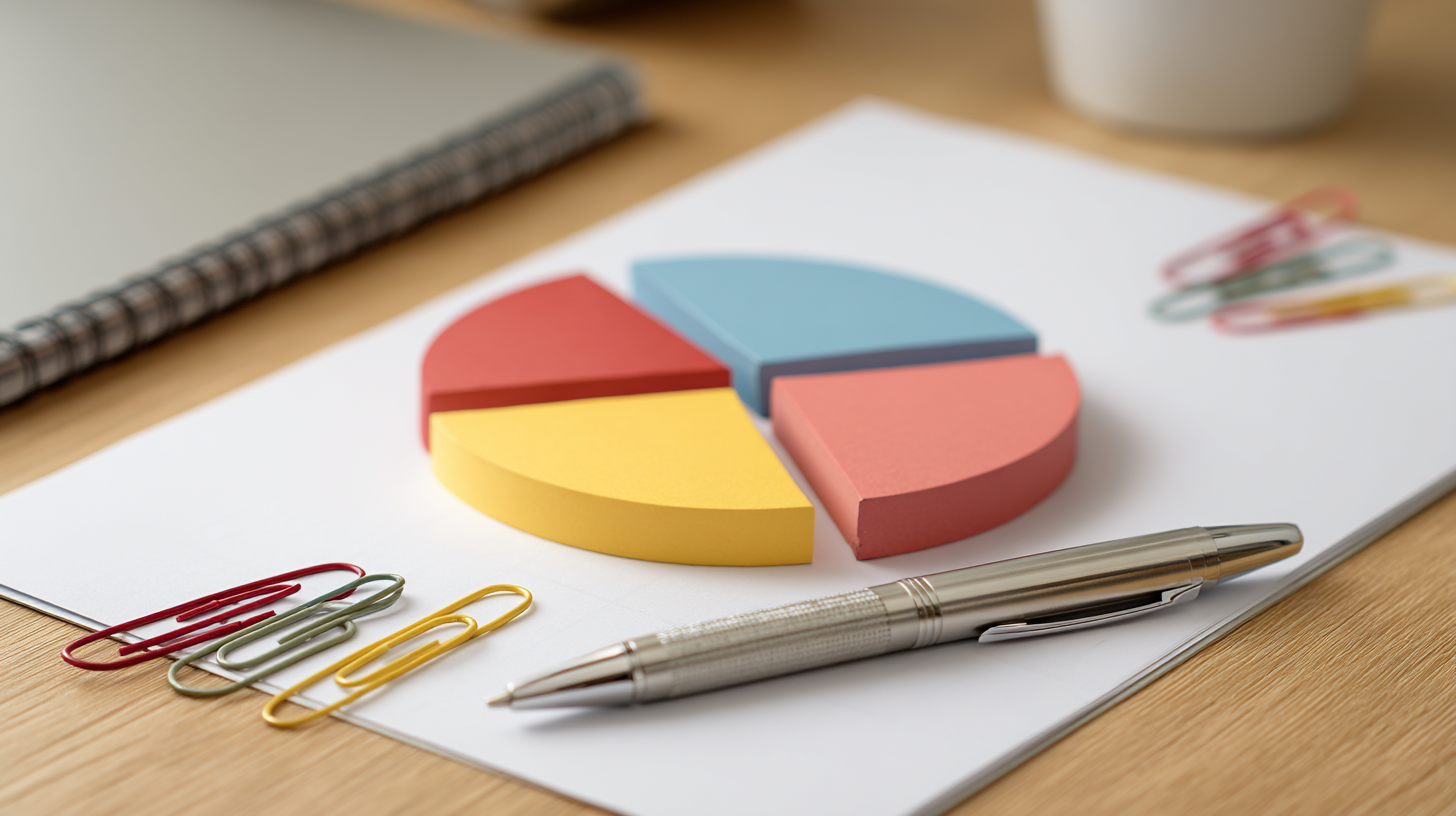 Colorful 3D pie chart illustration on paper with a pen and paperclips on a desk.
