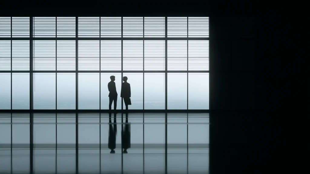 Silhouettes of two people standing and talking in front of large office windows.