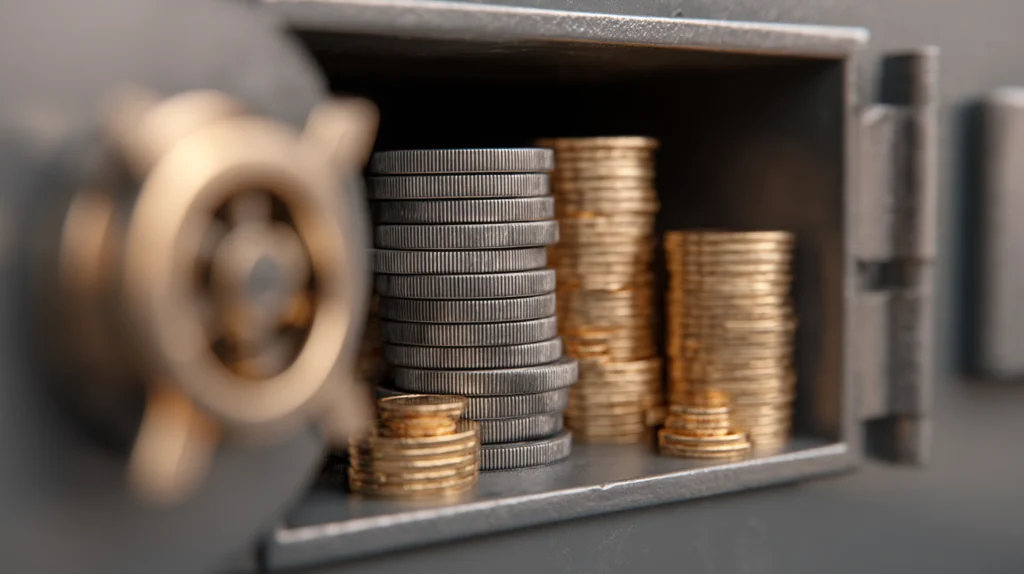 Stacks of coins stored inside an open safe.