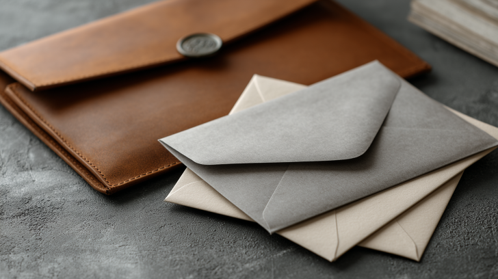 Stack of paper envelopes placed next to a leather document holder.