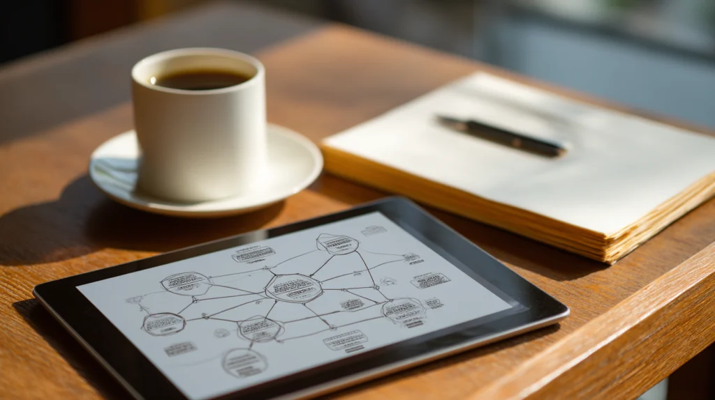 Tablet displaying a flowchart on a wooden desk with a cup of coffee and stacked papers.