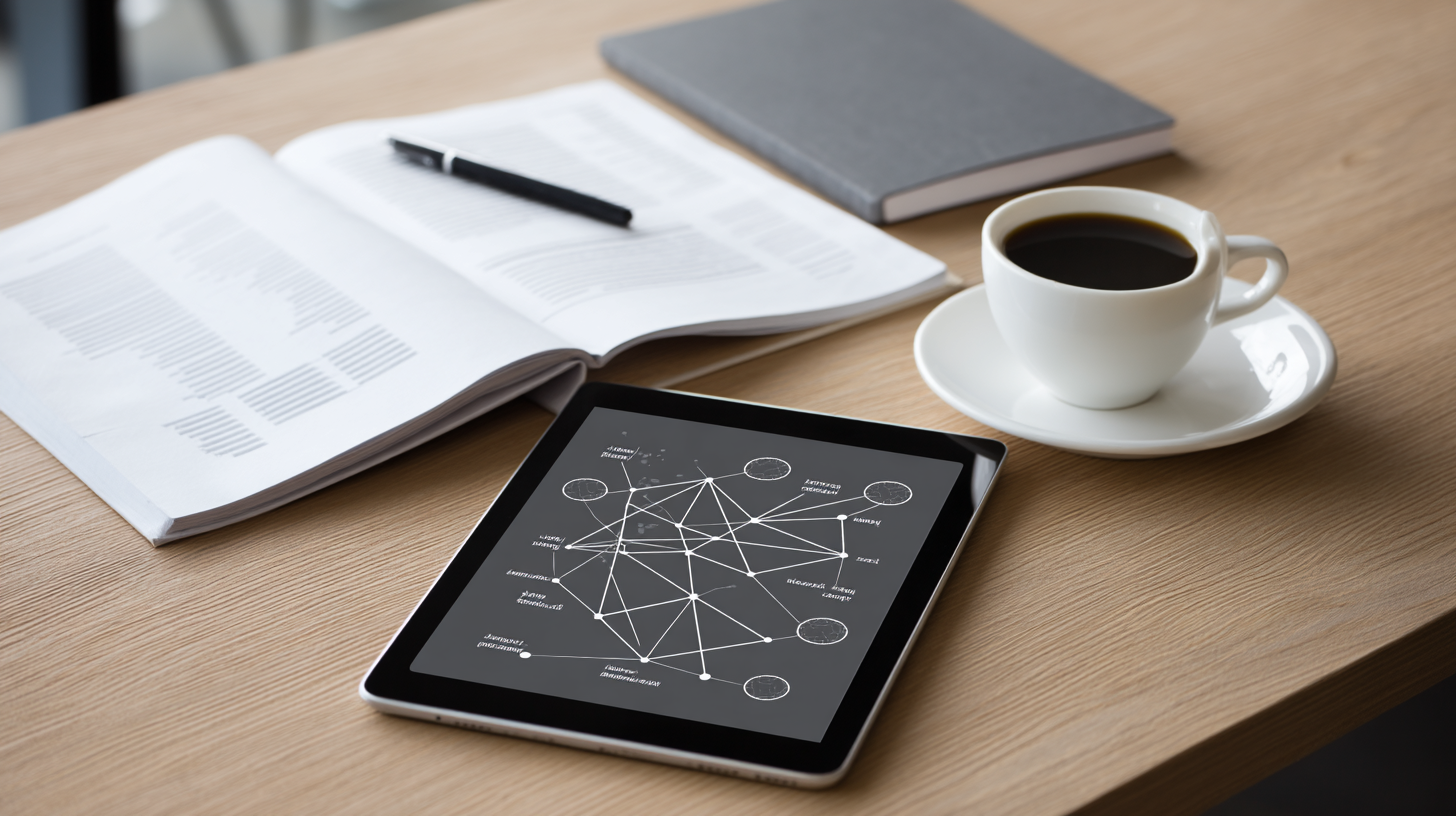 Tablet displaying a network diagram on a wooden desk with an open book, notebook, and a cup of coffee.