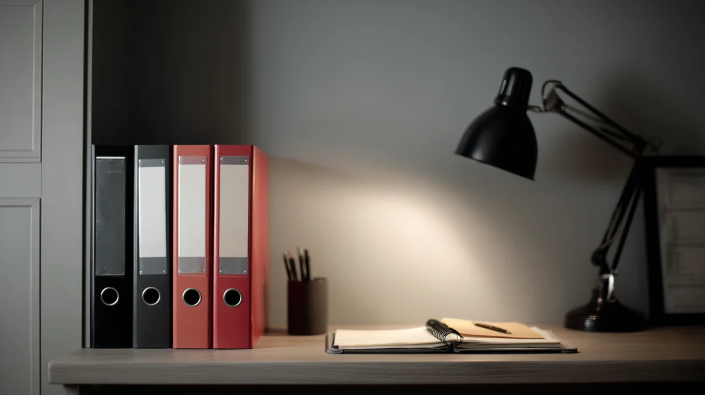 Office desk with binders, an open notebook, and a desk lamp.