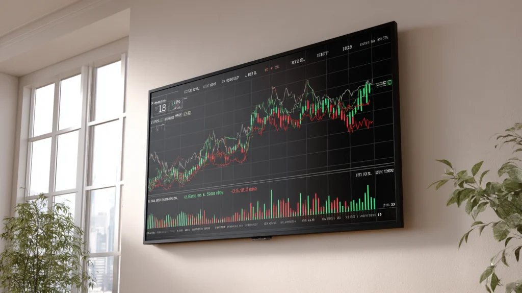 Wall-mounted monitor displaying colorful financial line charts and stock data.