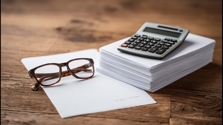 Calculator and eyeglasses resting on a stack of documents on a wooden desk.