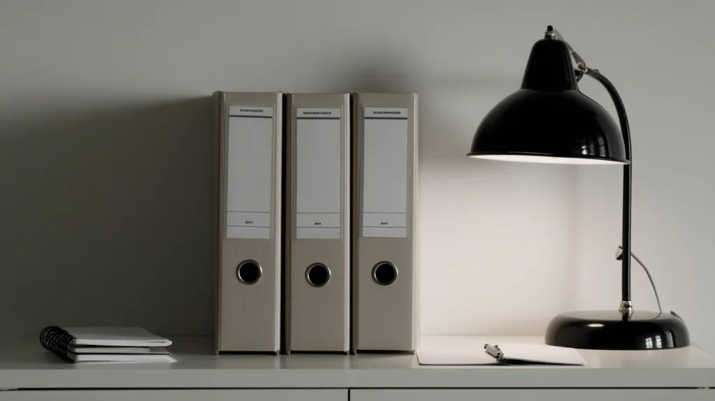 Three office binders and a desk lamp on a clean workstation with notebooks.