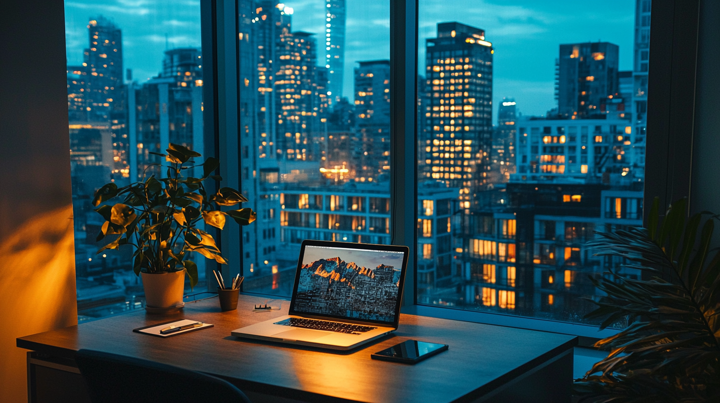 Cozy professional office with desk, laptop, and city skyline at night