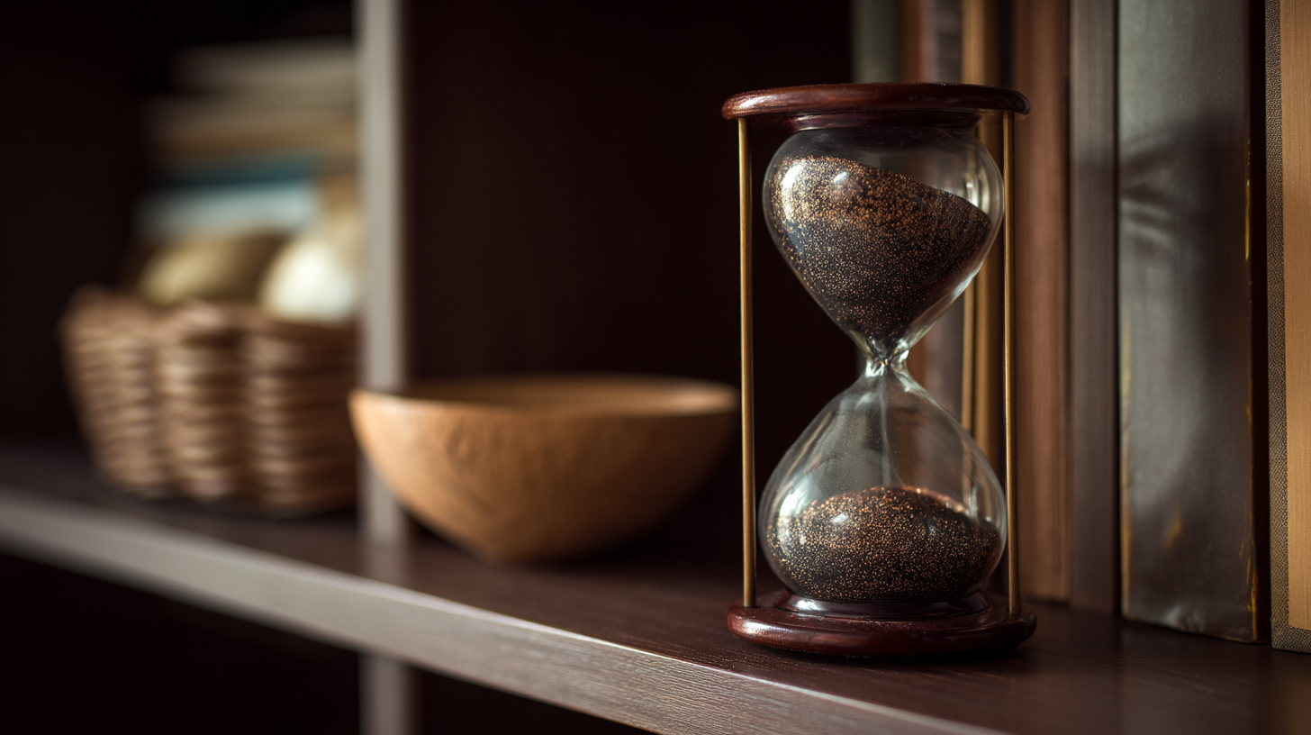 Antique hourglass with dark sand set on bookshelf