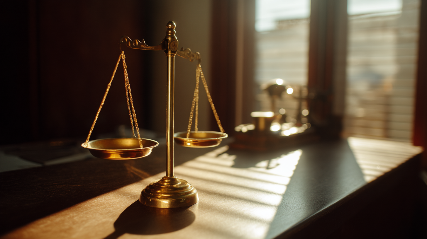 Brass balance scale on office desk in sunlight