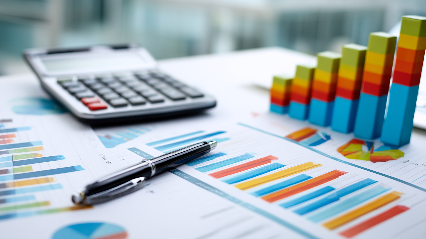 Business table with colorful bar charts and calculator