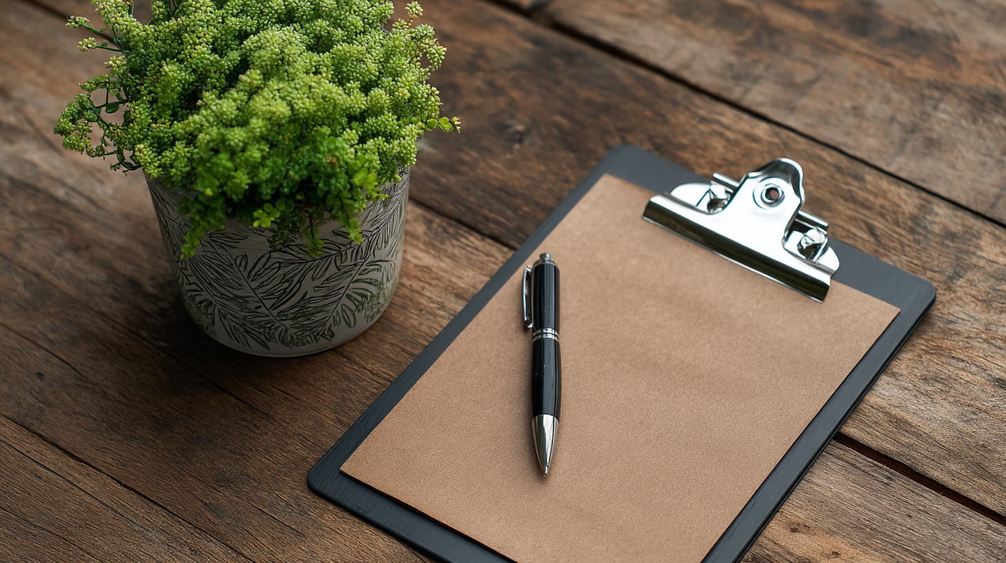 Clipboard with pen and potted plant on wooden desk