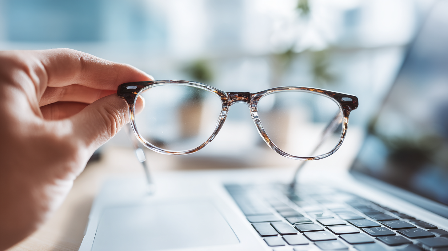 Hand adjusting glasses beside open laptop on desk