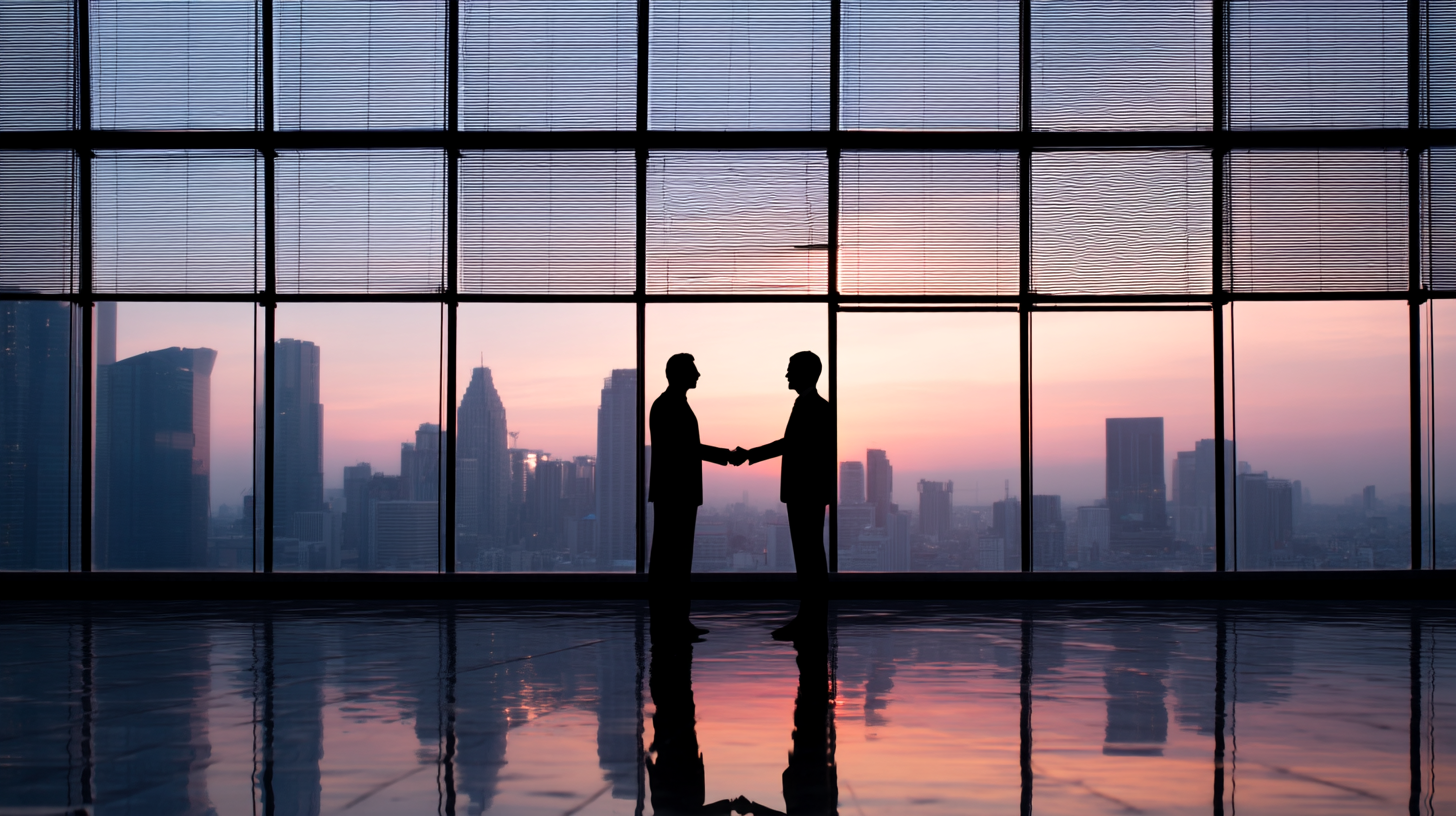 Handshake between two people in a modern office with city skyline
