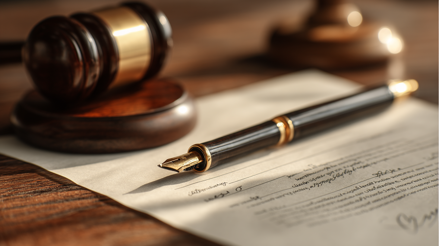 Legal desk with contract, pen, and gavel