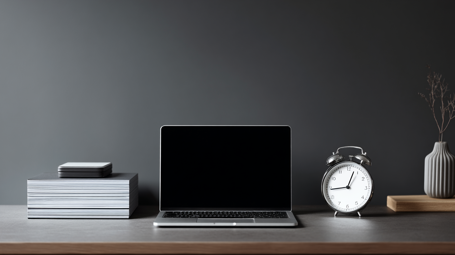 Minimal desk setup with laptop, clock, and decorative items