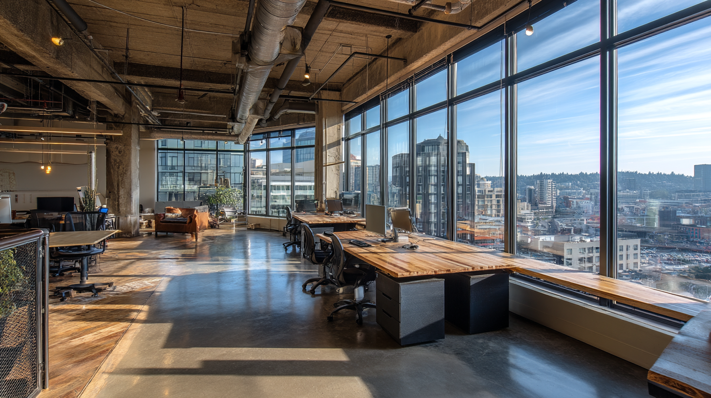Panoramic view of open office space with large windows and city view