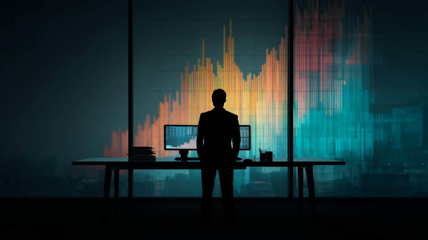 Silhouette of person standing near desk with financial graph background