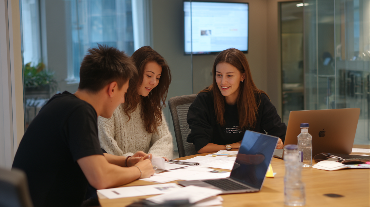 Small group of three people sitting around table discussing work