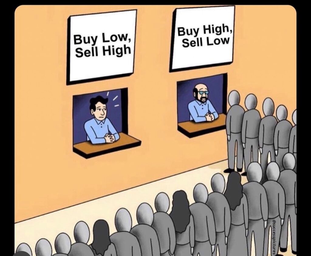 buy low sell high and buy high sell low satire graphic
