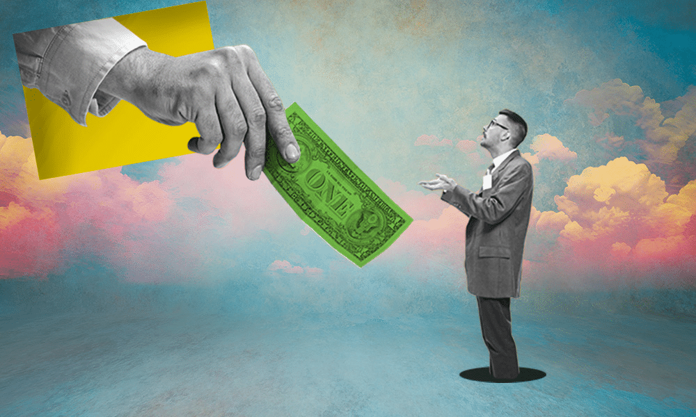 a man receiving a dollar bill